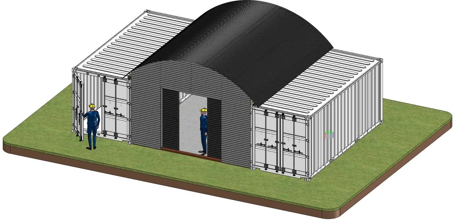 Zaagloods 5.00 X 6.00 meter, gesitueerd tussen 2 stuks 20Ft zeecontainers